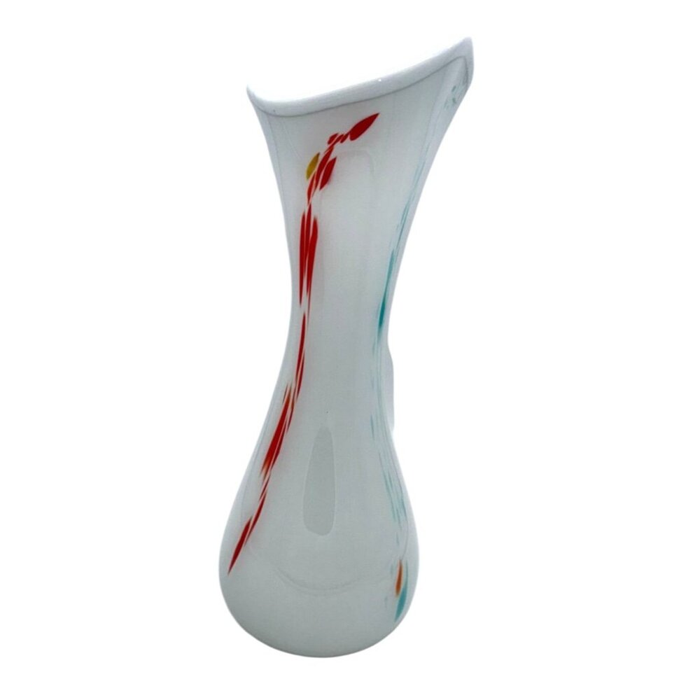 Tall Hand Blown Crimped Mouth Speckled White Stretched Vase 15" H x 5.5" W base